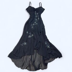Y2K Black Beaded Asymmetrical Slip Dress, bias cut, cascading hem, formalwear
